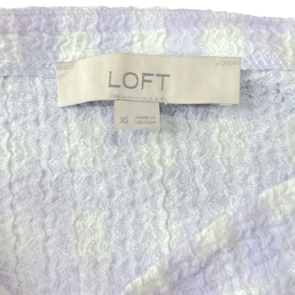 Loft Gingham Square Neck Tie Front Puff Sleeve Lilac White Top XS